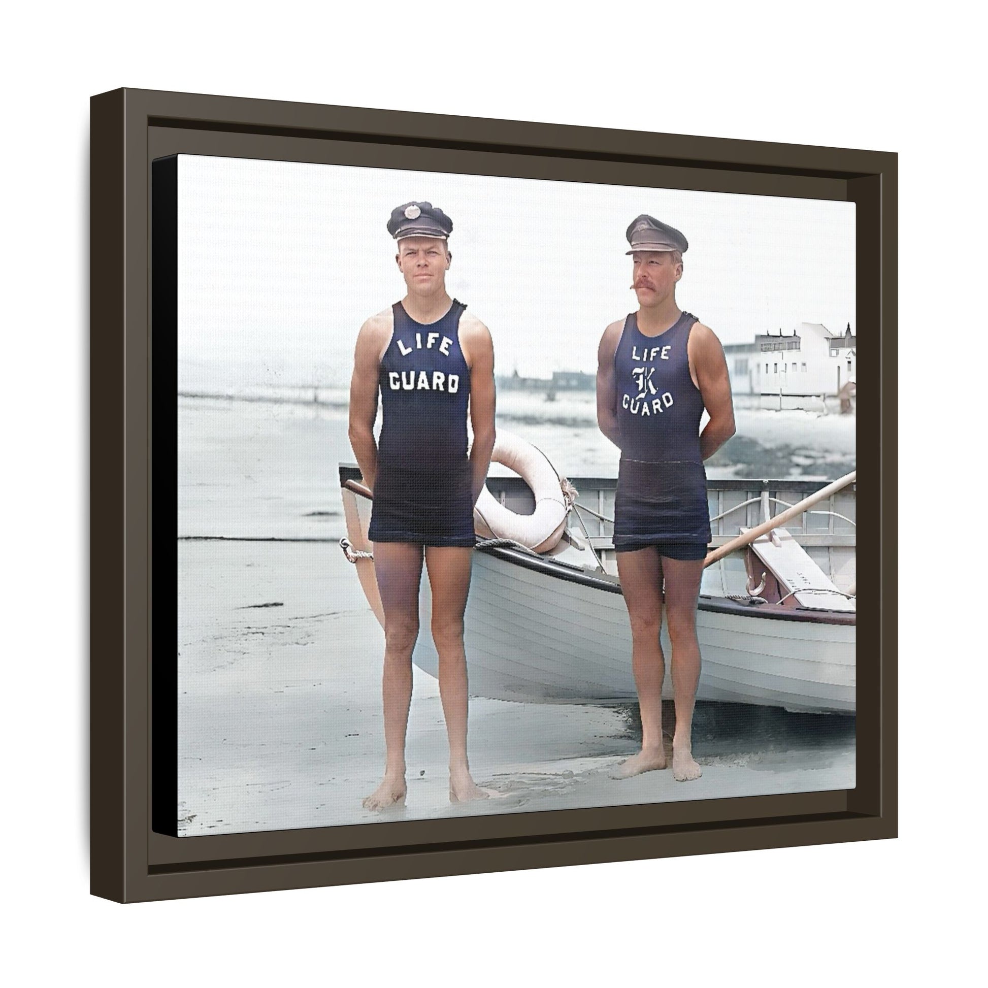 A nostalgic framed canvas print of vintage lifeguards in Cape May, NJ. This coastal artwork captures the charm of early 20th-century beach life, making it perfect for lovers of maritime history, seaside decor, and Americana enthusiasts.