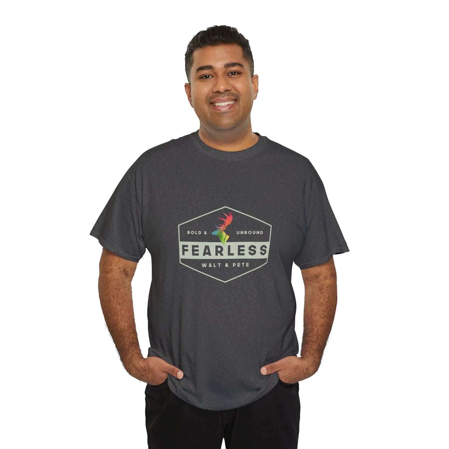 Unisex gr cotton t-shirt with a hexagon badge design reading “Fearless” and “Bold & Unbound,” featuring a rainbow antler—symbolizing LGBTQ+ pride and fearless queer identity