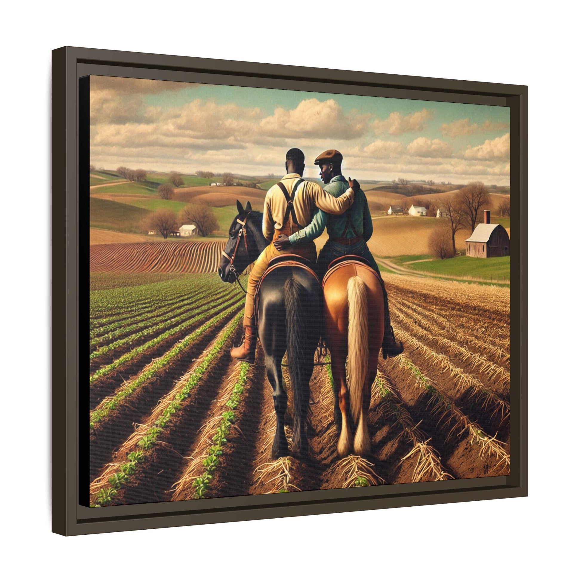 Artwork of an African-American gay couple riding horseback through expansive farmland, sharing a tender moment as they overlook lush fields. Dressed in rugged vintage attire, this scene captures resilience, love, and the charm of rural life, celebrating LGBTQ+ history and African-American heritage.