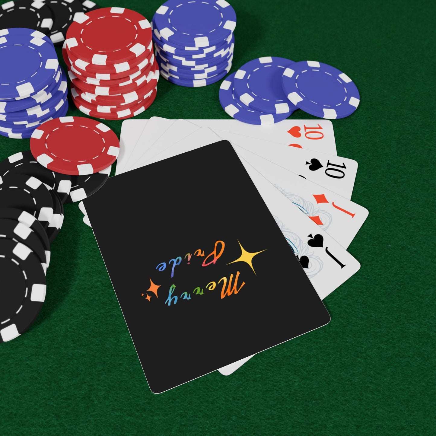 Merry Pride Poker Cards featuring rainbow-colored lettering, festive stars, and a sleek black background celebrating LGBTQ+ joy