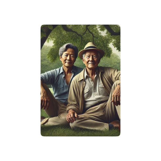Queer Asian elders, 1920s rural Iowa, Grant Wood-inspired art, vintage poker deck, LGBTQ+ history and love.