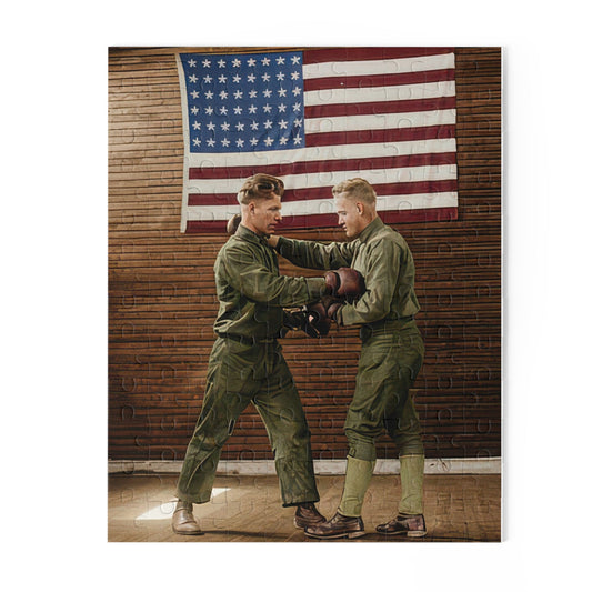 Sideways historical photograph of two men in olive training garments and boxing gloves before an American flag on a wood-paneled wall.
