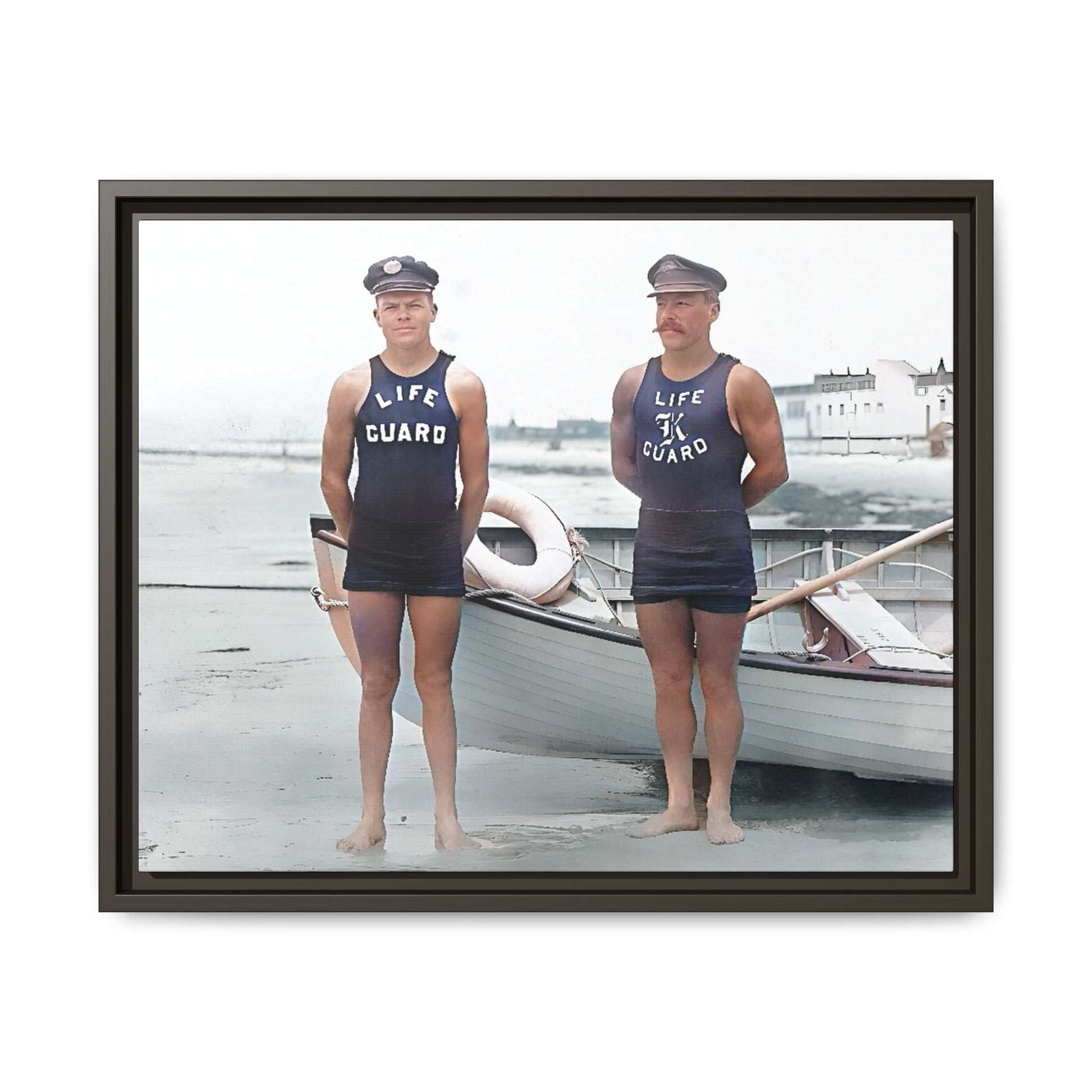 A nostalgic framed canvas print of vintage lifeguards in Cape May, NJ. This coastal artwork captures the charm of early 20th-century beach life, making it perfect for lovers of maritime history, seaside decor, and Americana enthusiasts.