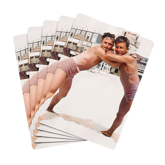 Vintage poker cards featuring a restored image of two men embracing on a beach, honoring LGBTQ+ love and hidden history.