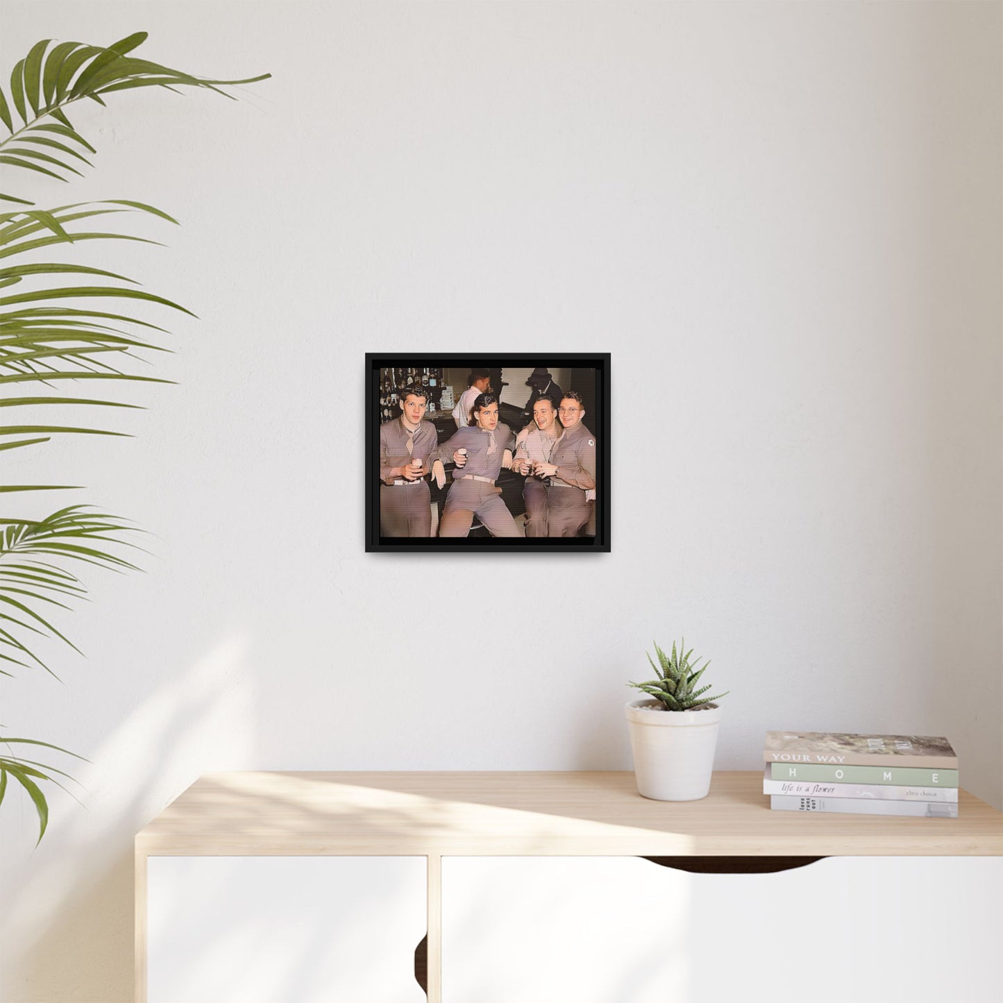 Restored vintage photograph of soldiers in uniform gathered at Jackson's gay bar in mid-20th century San Francisco. Framed matte canvas print celebrating camaraderie, resilience, and LGBTQ+ history