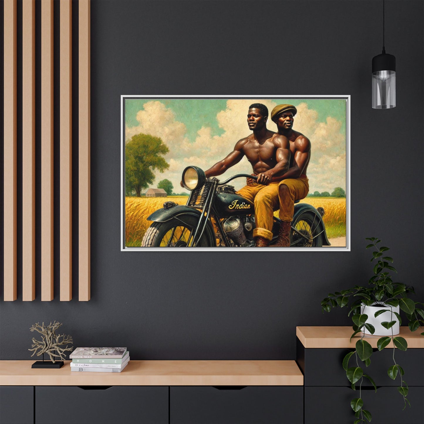 Framed artwork of an African-American gay couple riding a vintage motorcycle through scenic Iowa countryside, celebrating love and unity. Grant Wood Inspired