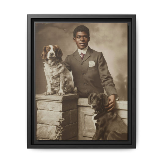 1. Restored vintage studio portrait of a Black man in formal clothing posed with two dogs beside a stone-effect balustrade.
