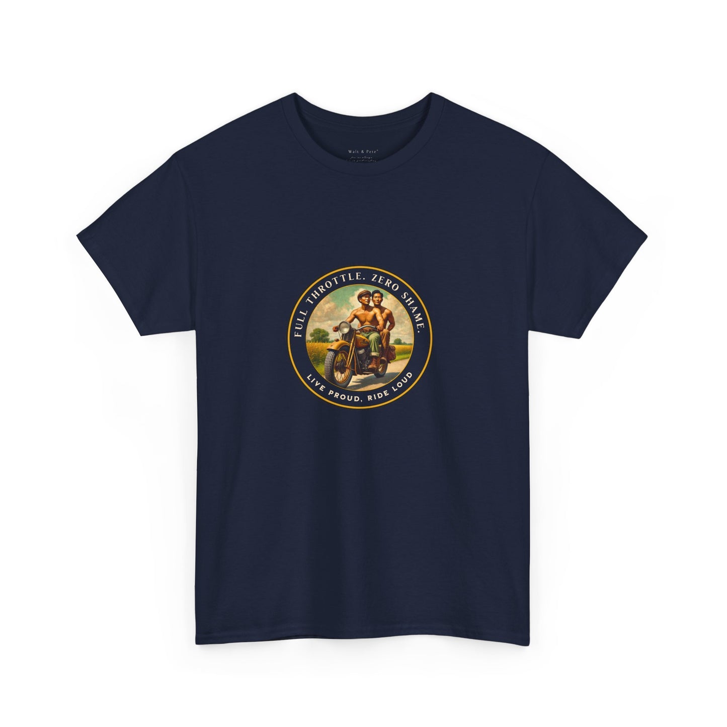 Vintage-inspired LGBTQ+ pride t-shirt featuring a 1930s-style image of two shirtless Asian men riding a motorcycle. With affirmations like “Full Throttle. Zero Shame” and “Live Proud. Ride Loud,” this tee honors queer freedom, Asian pride, and bold love.
