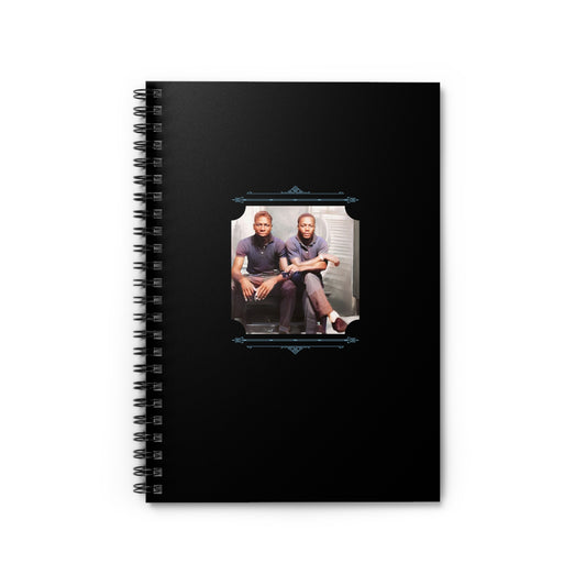 Spiral notebook featuring a vintage photo of two African American men seated closely in a mid-century photobooth.