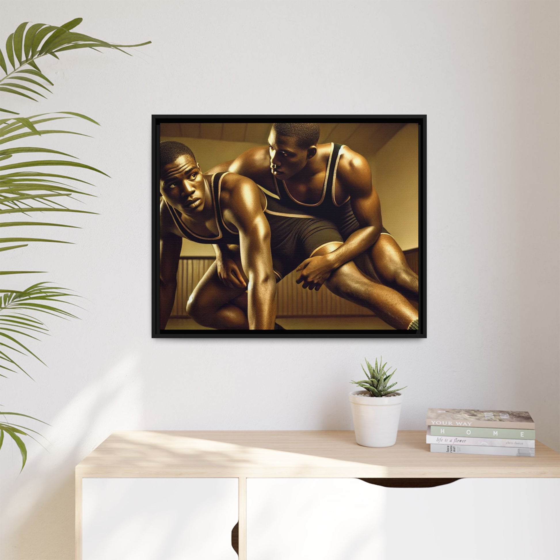 Framed artwork inspired by Grant Wood, showcasing African-American wrestlers in a vintage gymnasium setting. A powerful tribute to teamwork, resilience, and regionalist art.