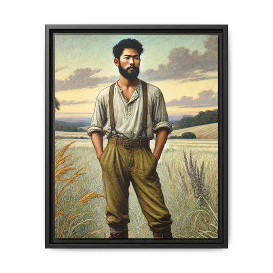 Framed artwork of an Asian-American farmer in 19th-century attire, inspired by Walt Whitman’s Leaves of Grass and Song of Myself, set against a serene rural backdrop of golden wheat fields and rolling hills.