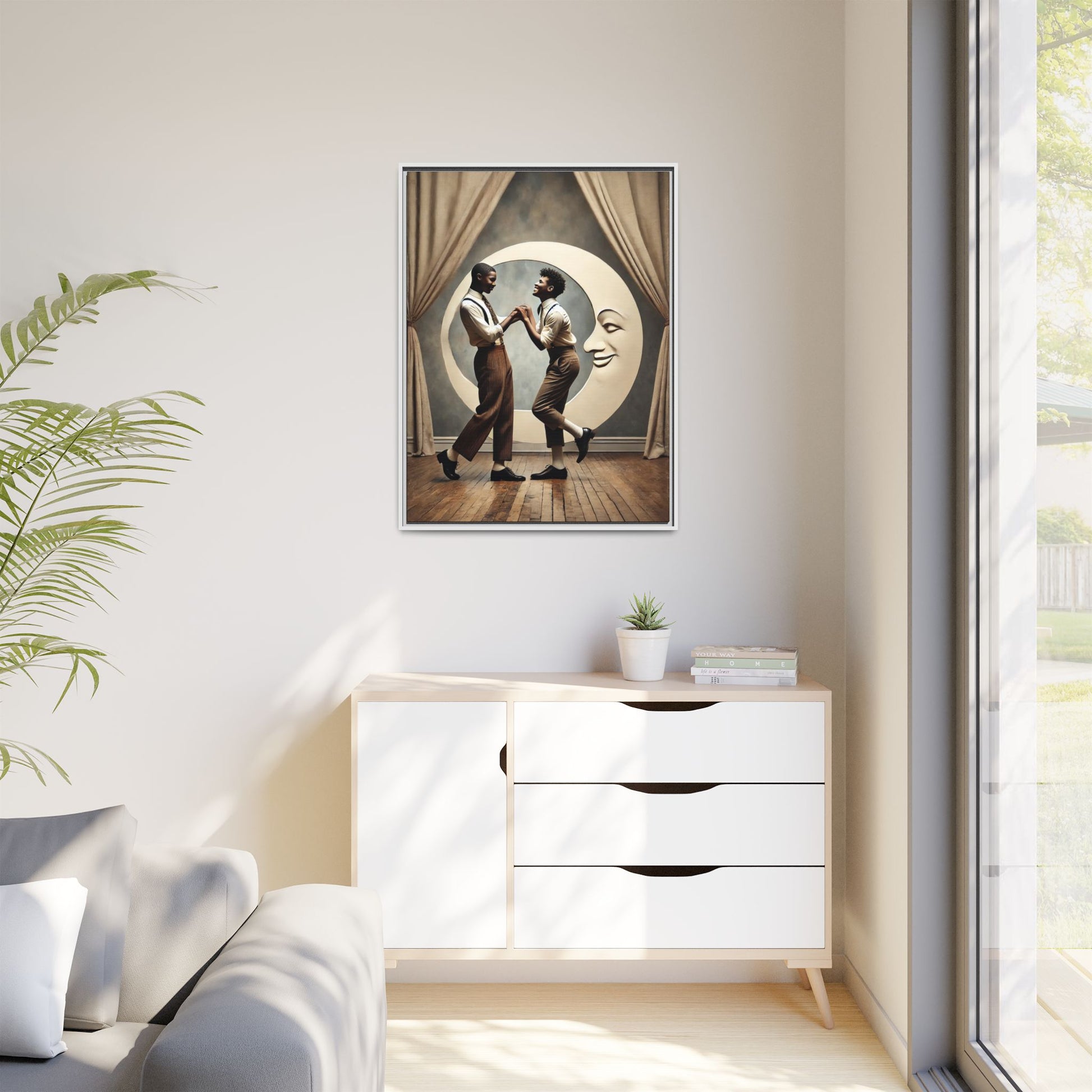 Two joyful young Black men dressed in 1920s fashion dancing in front of a crescent moon prop with a smiling face. This artwork reclaims erased queer love, offering a whimsical and powerful celebration of Black LGBTQ+ youth and history.
