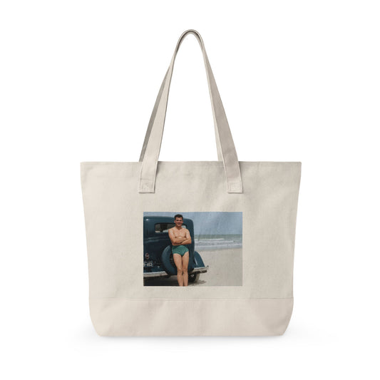 restored vintage beach car portrait tote bag