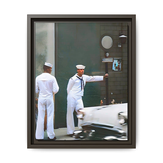 A restored vintage portrait of two sailors in Boystown, Northalsted, Chicago. This framed matte canvas celebrates LGBTQ+ history, urban charm, and community pride.