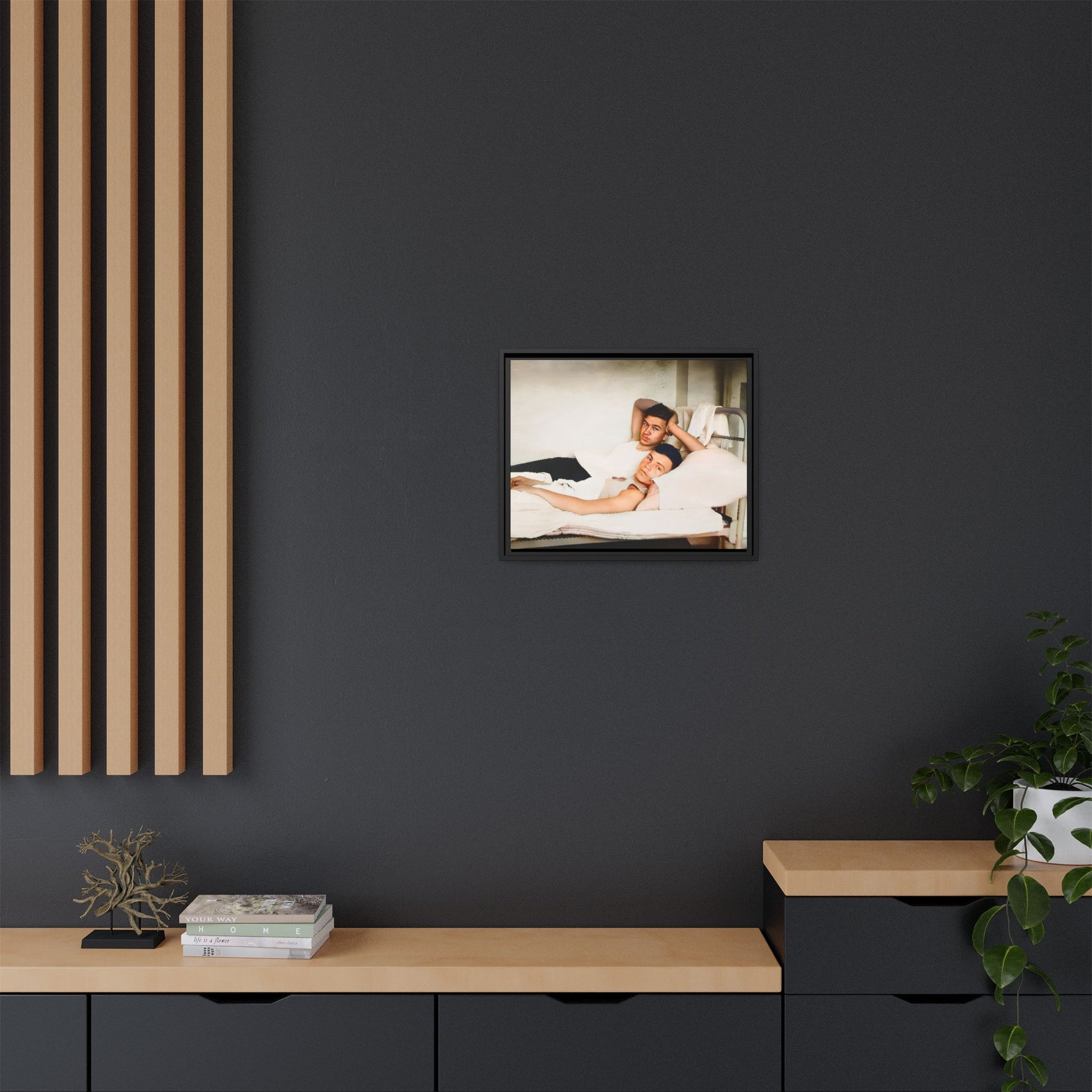 A vintage Gay couple portrait of Vernon & Jesse in Portland, Maine. This framed canvas print captures an intimate and heartfelt moment, making it a timeless addition to any home decor or a meaningful gift celebrating love and history.