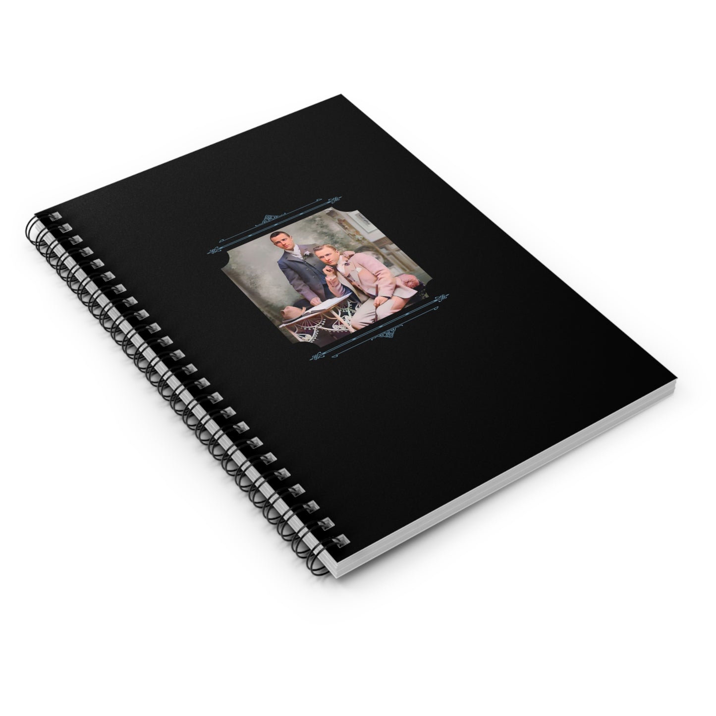 gay couple in suits notebook, vintage love journal, retro LGBTQ stationery, elegant gay romance, spiral notebook