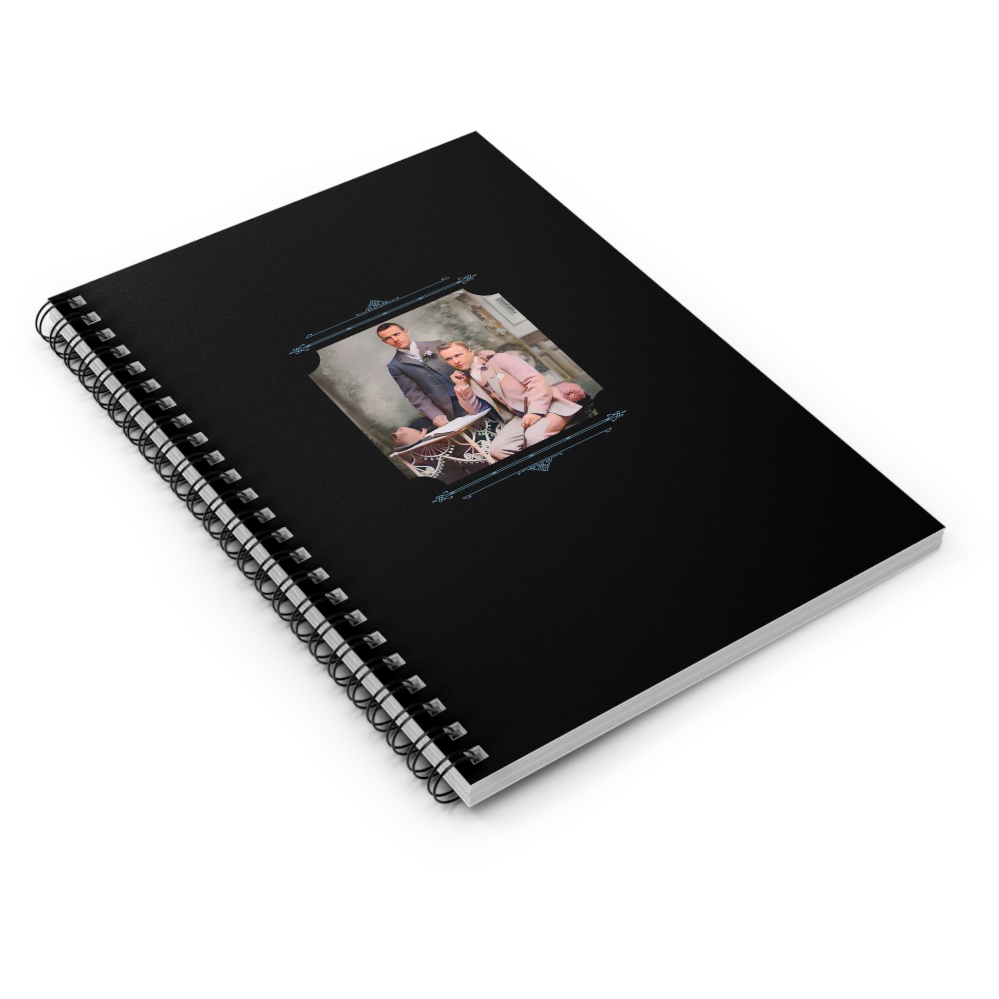 gay couple in suits notebook, vintage love journal, retro LGBTQ stationery, elegant gay romance, spiral notebook