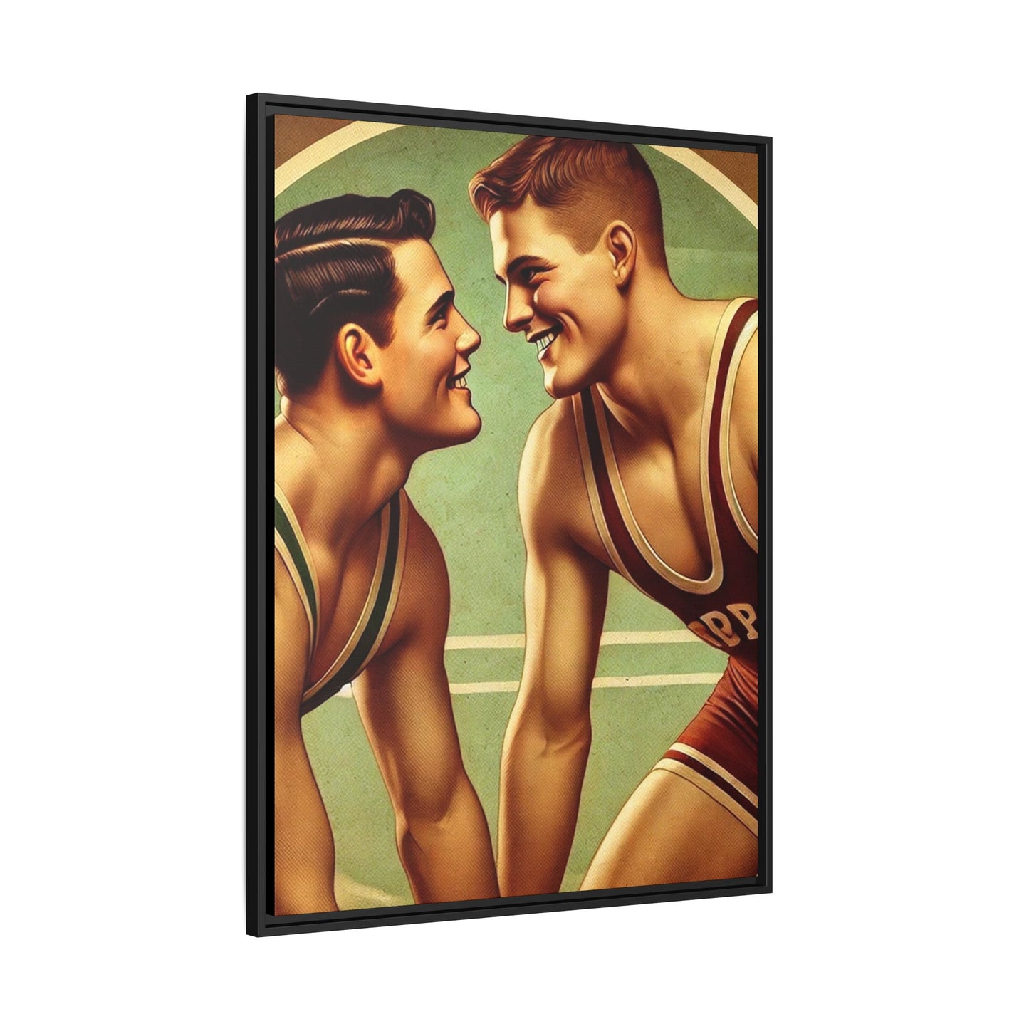 Framed artwork of two young wrestlers in vintage singlets on a stylized mat, inspired by Grant Wood's nostalgic Americana style.