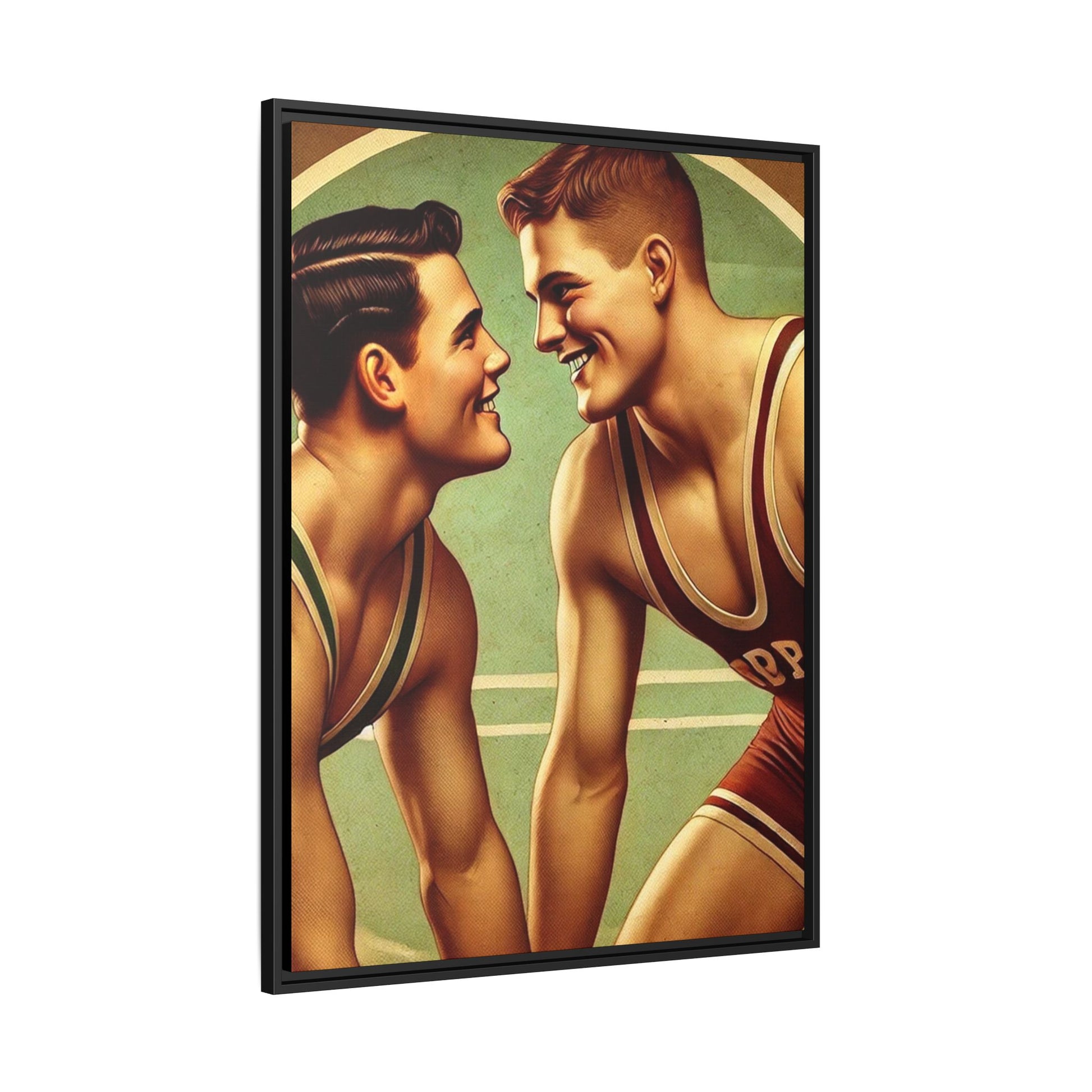 Framed artwork of two young wrestlers in vintage singlets on a stylized mat, inspired by Grant Wood's nostalgic Americana style.