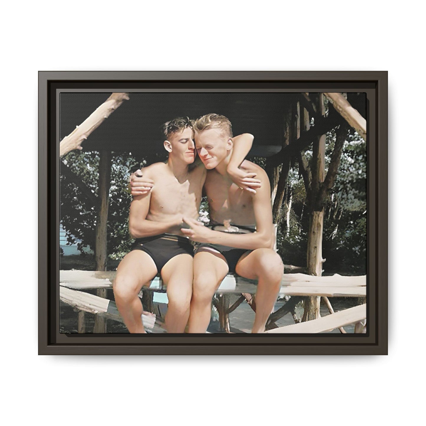 A vintage-inspired framed canvas print featuring Joseph and Billy at Kahena Beach, Hawaii. Their intimate moment under a sunlit pergola captures the warmth of love, freedom, and tropical serenity—perfect for coastal, LGBTQ+, and romantic home decor.