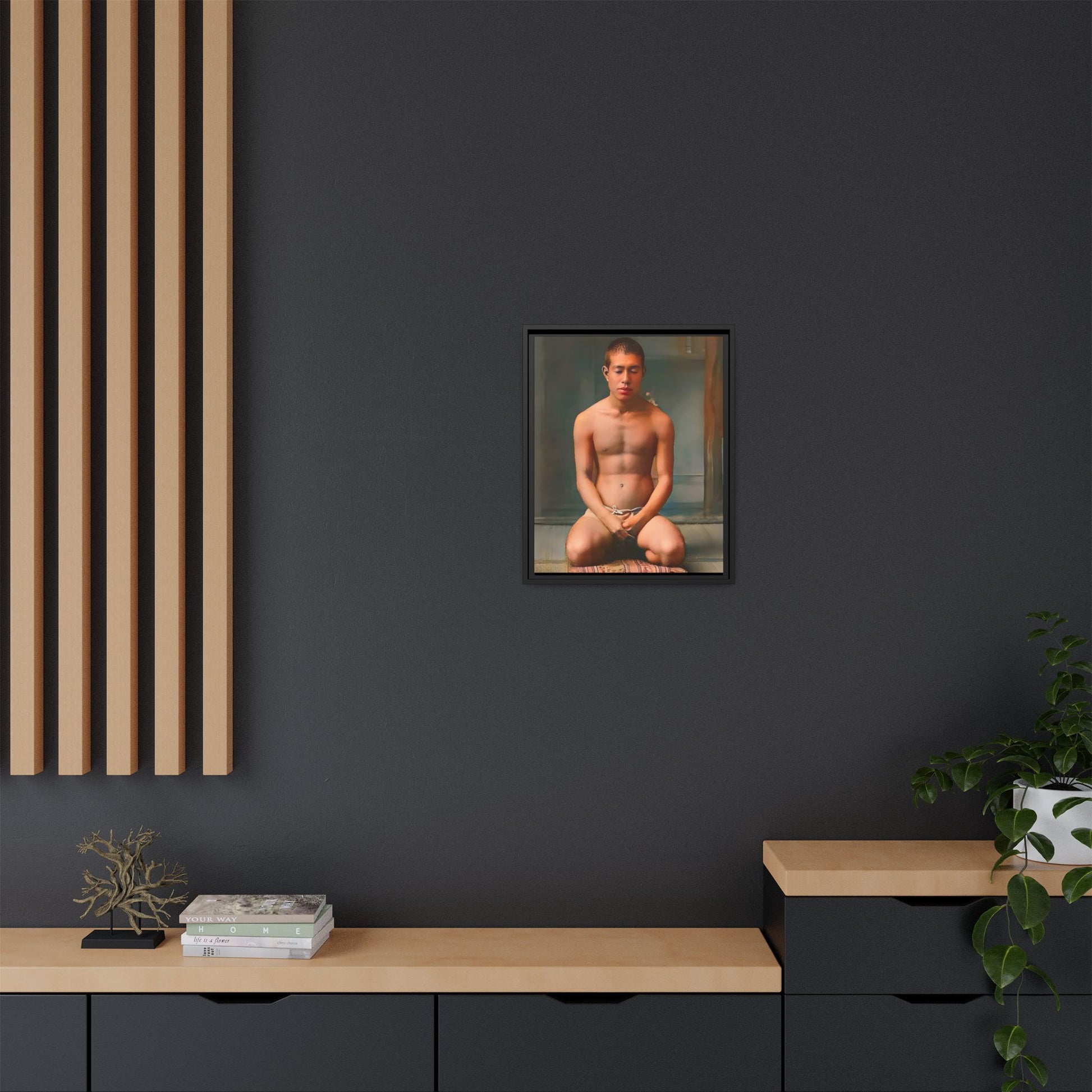 A restored vintage portrait of Minato in Nara, Japan. This framed matte canvas captures mindfulness, serenity, and cultural heritage.
