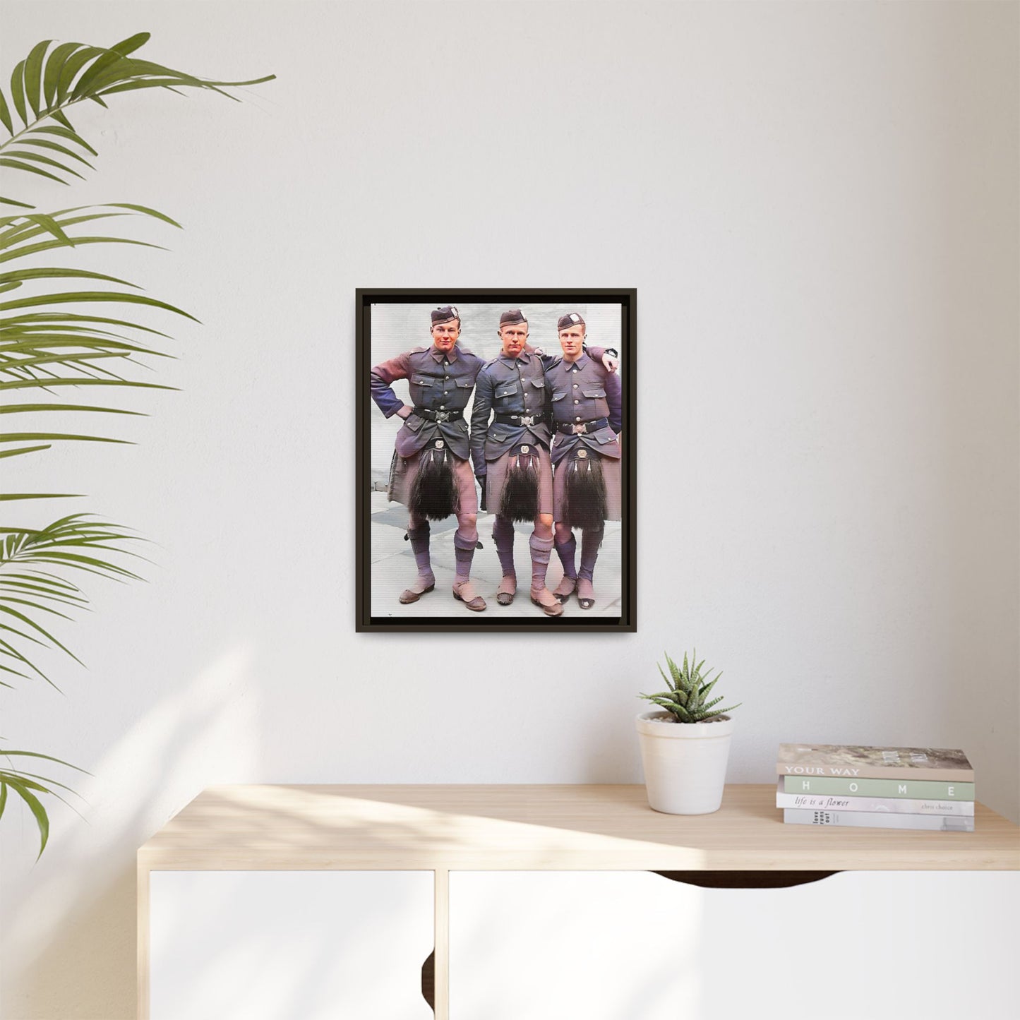 A restored vintage portrait of Gordon Highlanders in Glasgow, Scotland. This framed matte canvas honors Scottish military history, tradition, and unity.