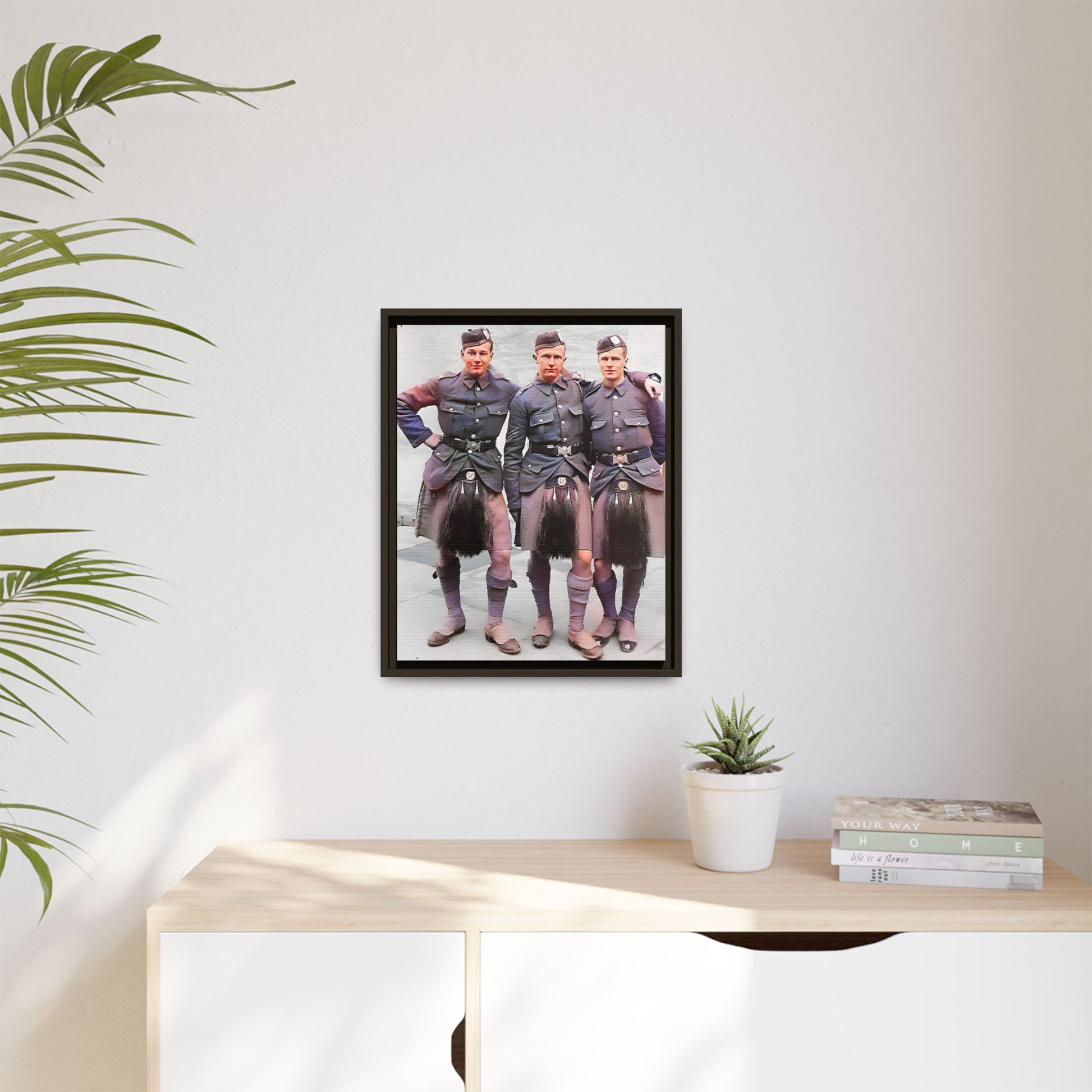 A restored vintage portrait of Gordon Highlanders in Glasgow, Scotland. This framed matte canvas honors Scottish military history, tradition, and unity.