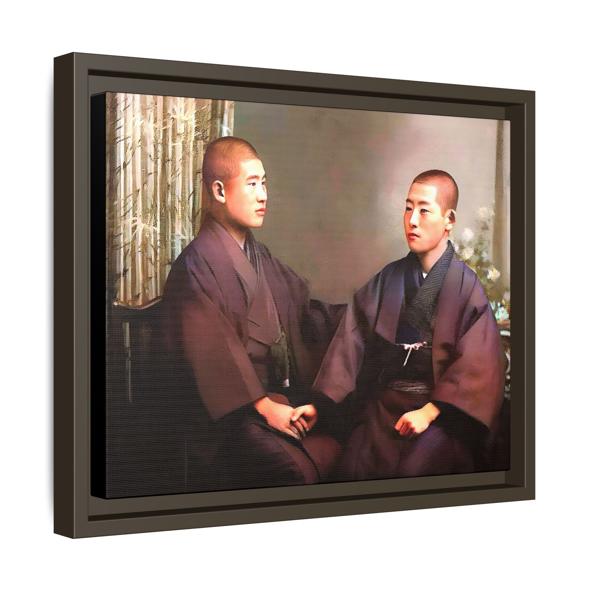 A vintage portrait of Hiroto & Atsushi in Kyoto, Japan. This framed matte canvas celebrates LGBTQ+ love, cultural heritage, and timeless elegance, making it a unique and meaningful art piece for collectors and history enthusiasts. Gay Couple