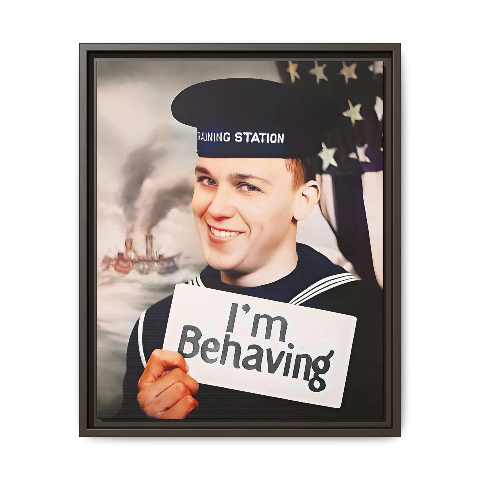 A vintage U.S. Navy sailor portrait featuring Carl at the Washington Navy Yard, grinning while holding a card reading "I'm Behaving." This framed matte canvas print is a charming mix of humor and military history, perfect for collectors and veterans.
