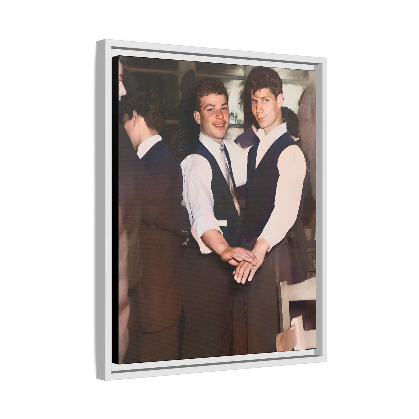 Restored and colorized mid-20th century photo of Clarence and Francis dancing, celebrating LGBTQ+ love and resilience, framed as a matte canvas wall décor piece. Gay Couple