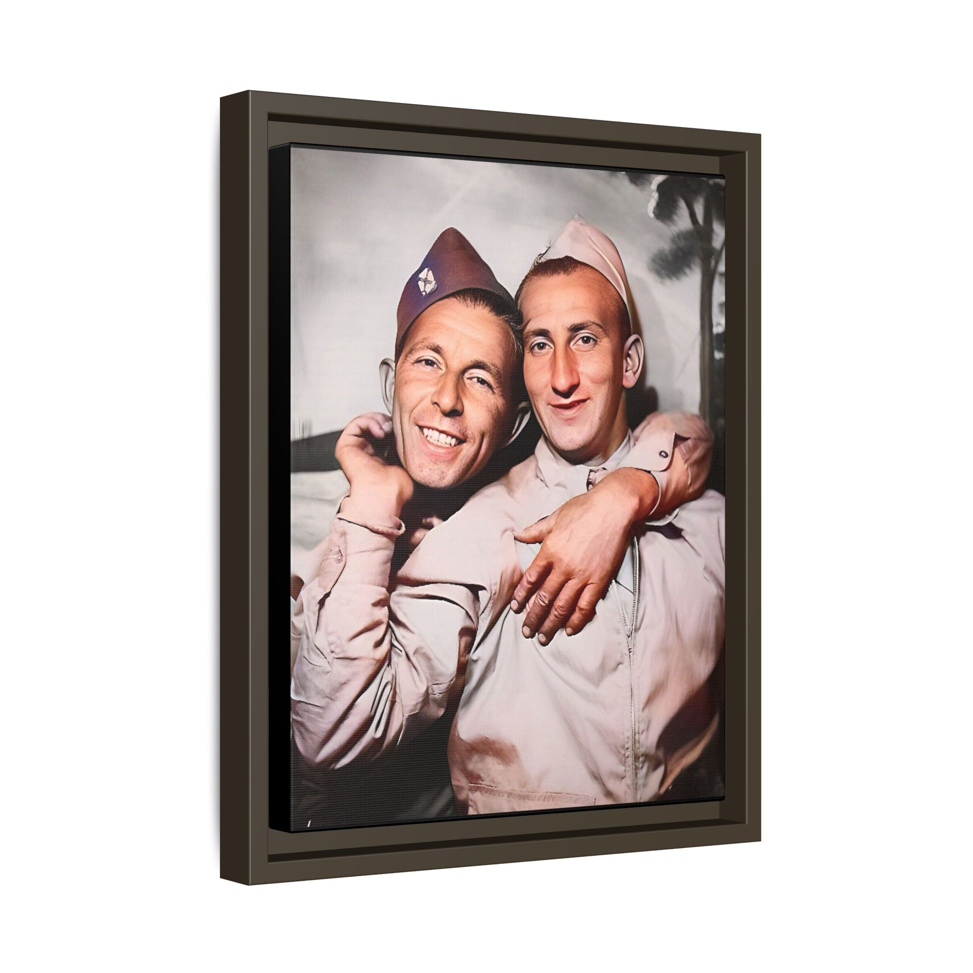 A framed vintage photo on matte canvas featuring a heartfelt portrait of a military couple at Fort Jackson, South Carolina, celebrating love and resilience in history.