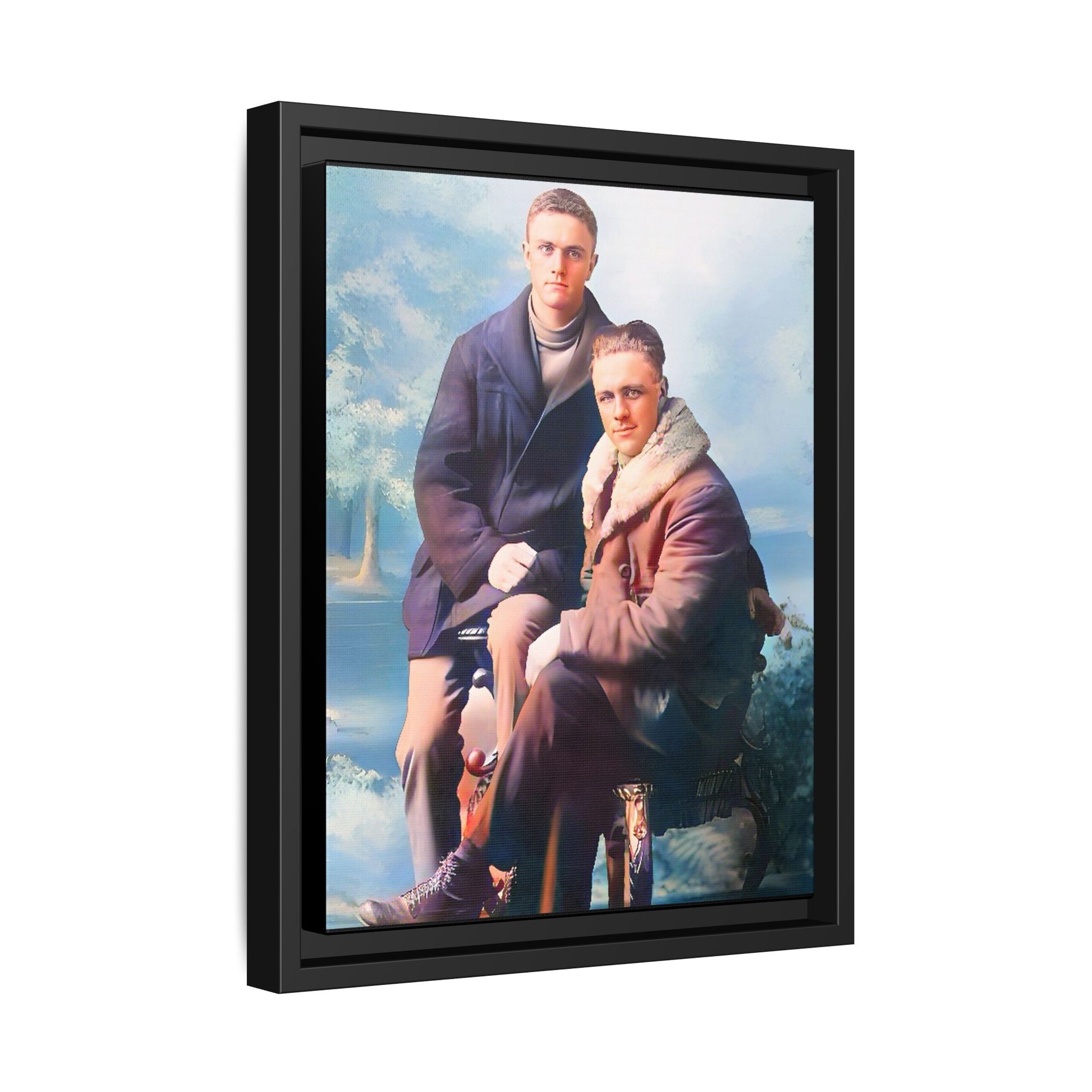 Restored vintage photograph of David and Sam, a gay couple in winter attire from early 20th century Yakima, Washington. Framed matte canvas print showcasing love, resilience, and Gay  history.