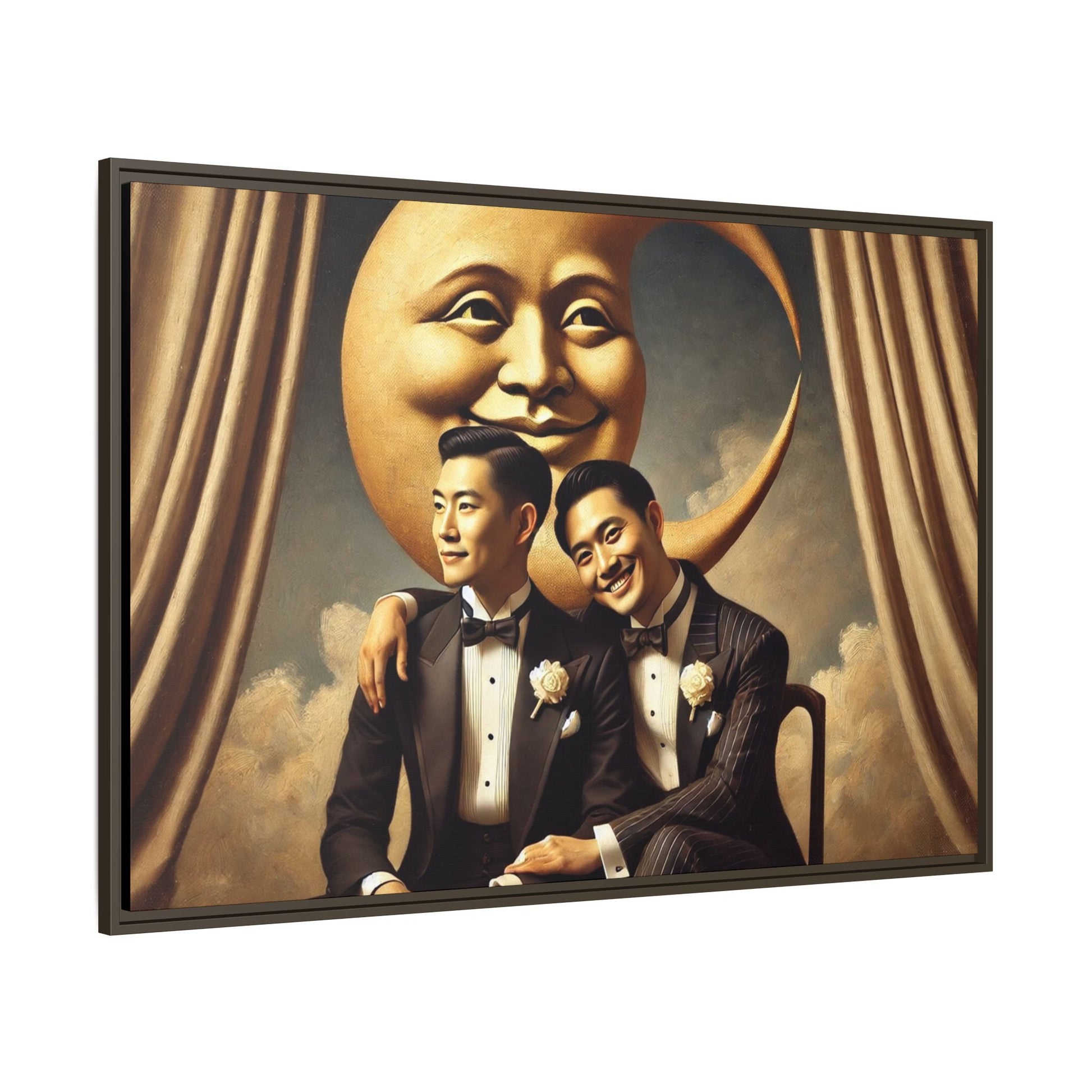 Vintage-inspired artwork of a romantic gay Asian couple in tuxedos sitting affectionately beneath a smiling crescent moon prop, surrounded by vintage stage curtains and dreamy clouds. A reclaimed queer narrative from the Man In The Moon series.