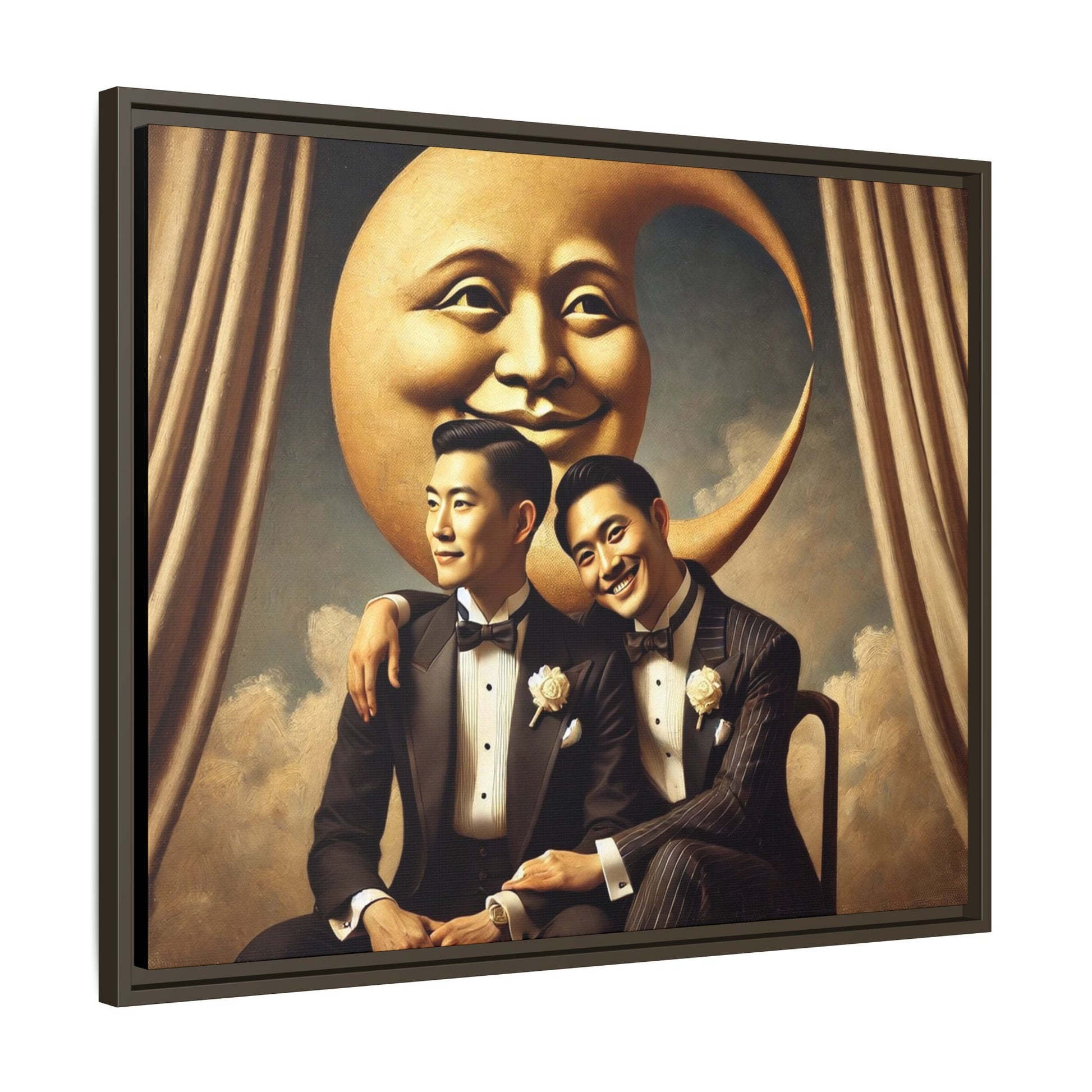 Vintage-inspired artwork of a romantic gay Asian couple in tuxedos sitting affectionately beneath a smiling crescent moon prop, surrounded by vintage stage curtains and dreamy clouds. A reclaimed queer narrative from the Man In The Moon series.