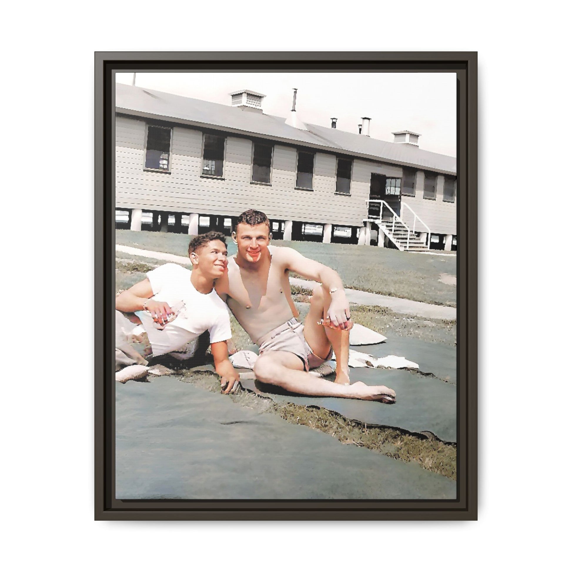 A framed vintage military portrait on matte canvas featuring Wayne and Jerry at Camp Blanding, Florida, capturing a timeless LGBTQ+ connection and companionship.
Gay Couple