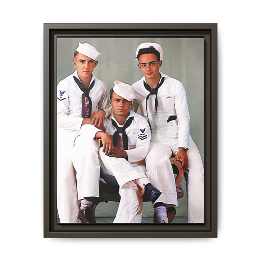 A restored vintage portrait of three sailors aboard the USS Alabama. This framed matte canvas honors naval history, camaraderie, and timeless service.