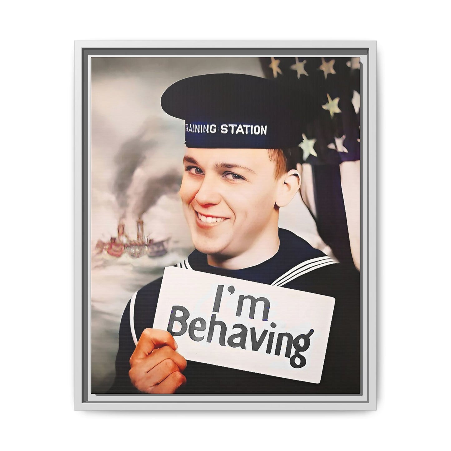 A vintage U.S. Navy sailor portrait featuring Carl at the Washington Navy Yard, grinning while holding a card reading "I'm Behaving." This framed matte canvas print is a charming mix of humor and military history, perfect for collectors and veterans.