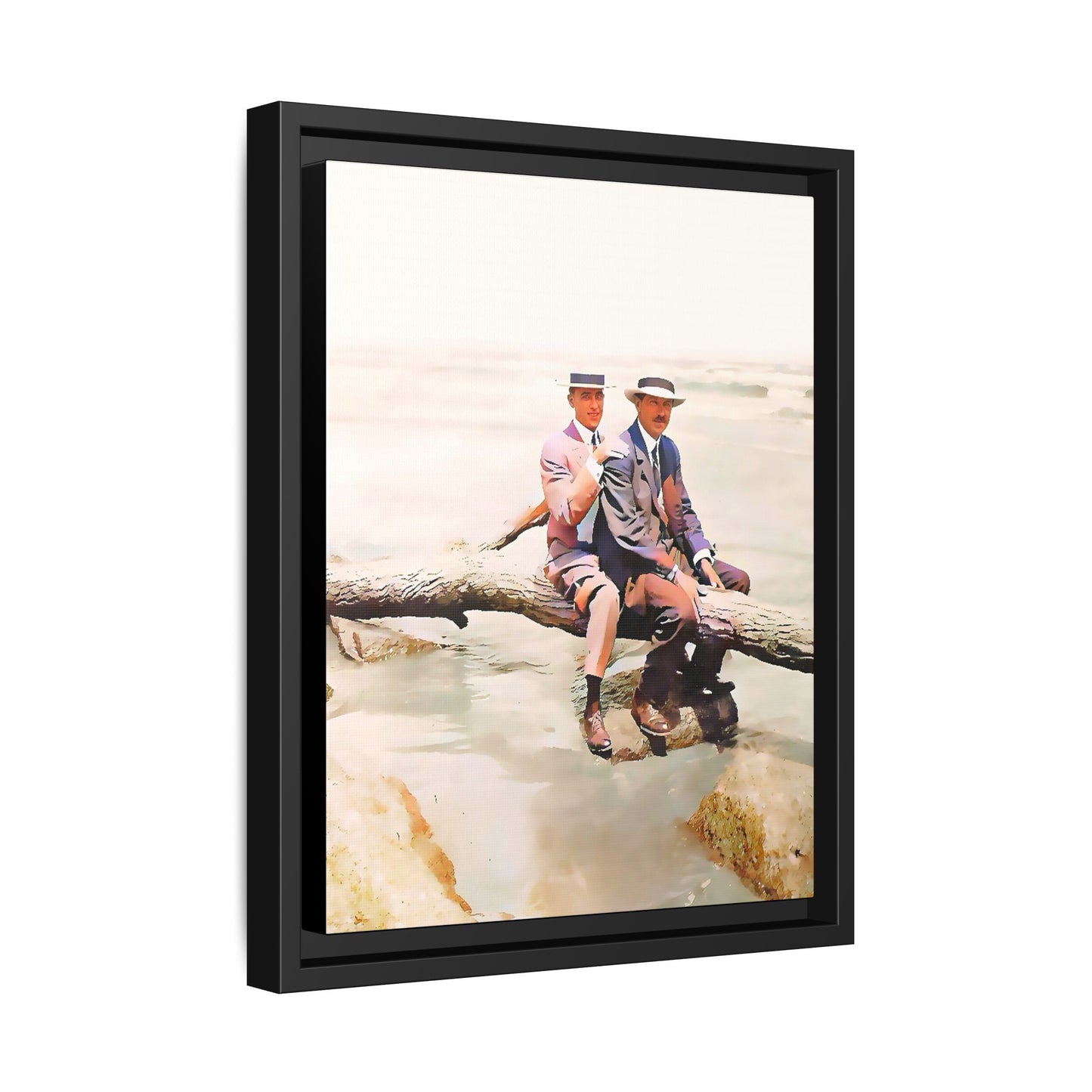 A restored vintage riverside portrait of Edward & Walter in Danbury, Connecticut. This framed matte canvas honors LGBTQ+ history, elegance, and timeless companionship. Gay Couple