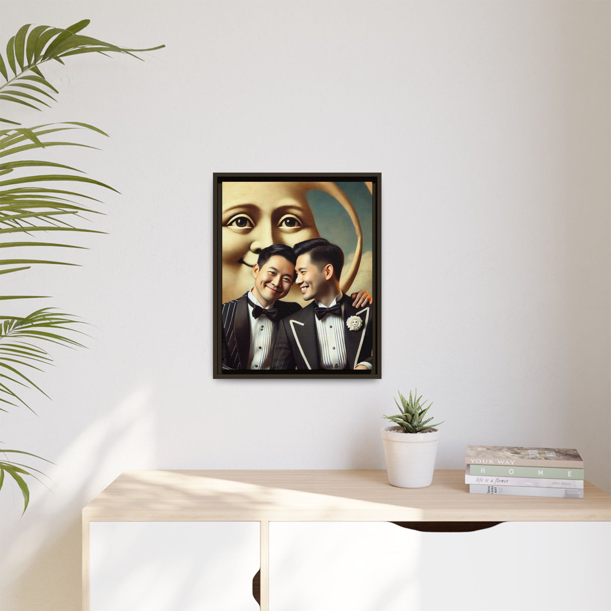 Framed matte canvas featuring a joyful queer Asian couple in tuxedos standing beneath a crescent moon. This artwork, part of the Missing Art Studies series, reimagines erased queer histories with warmth, dignity, and vintage-inspired style.