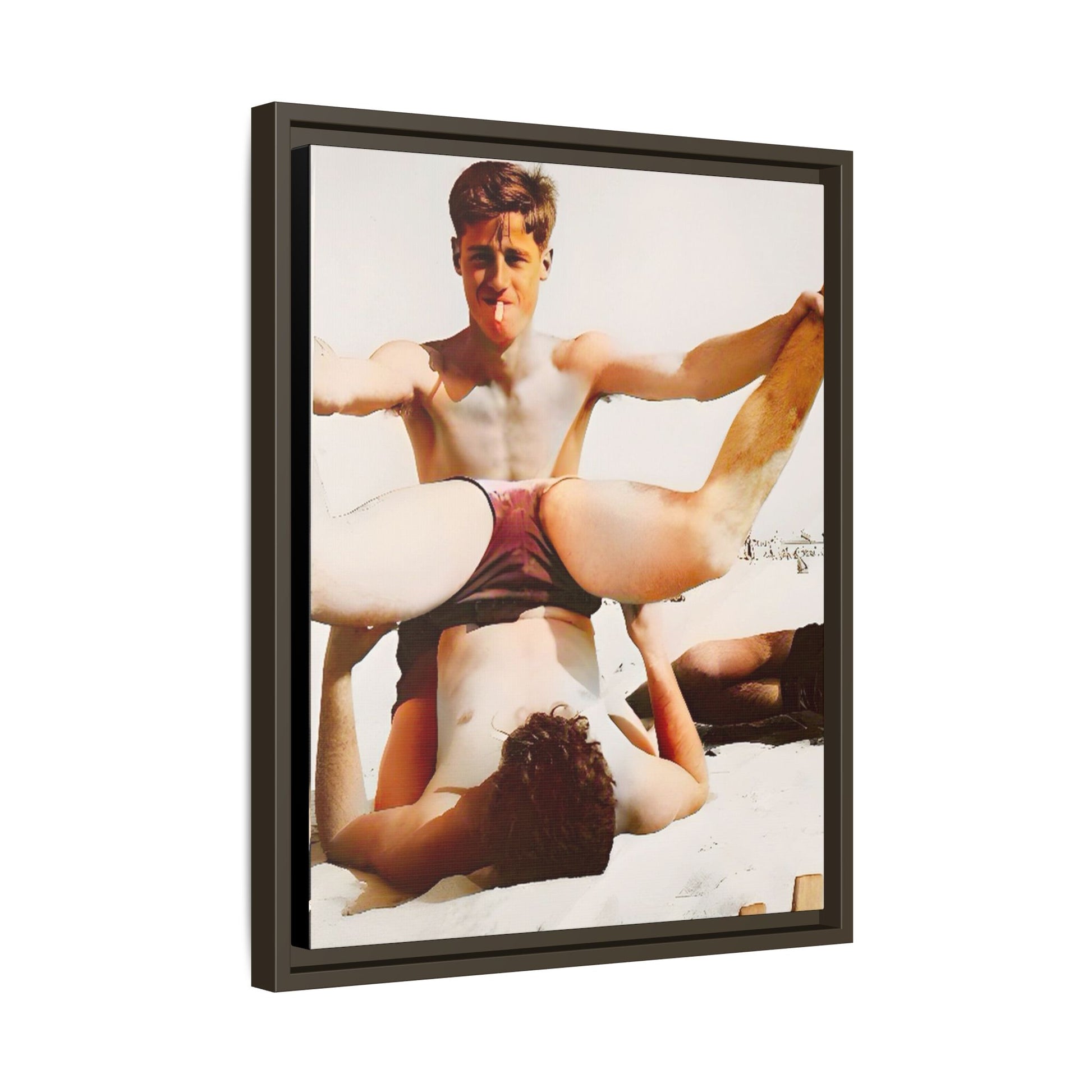 Restored mid-20th century photo of Mitch and Sam at 12th Street Beach, Miami, sharing a playful moment of love and joy, framed as wall décor.