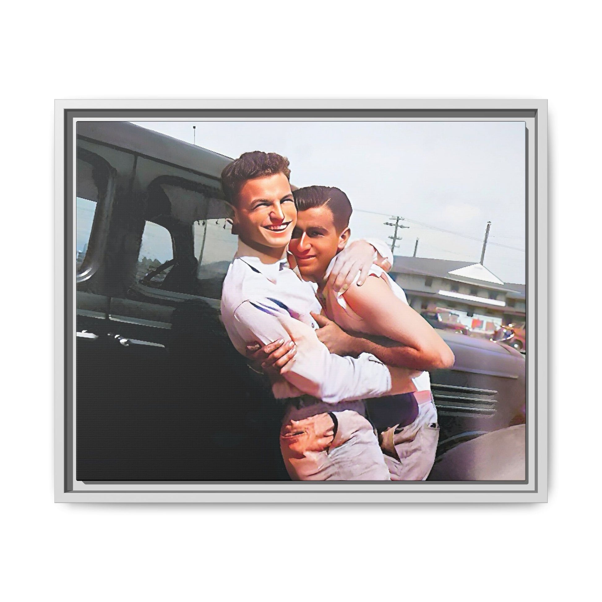 A framed vintage love portrait on matte canvas featuring Henry and Raymond in Peoria, Illinois, capturing timeless LGBTQ+ connection and joy. Gay Couple