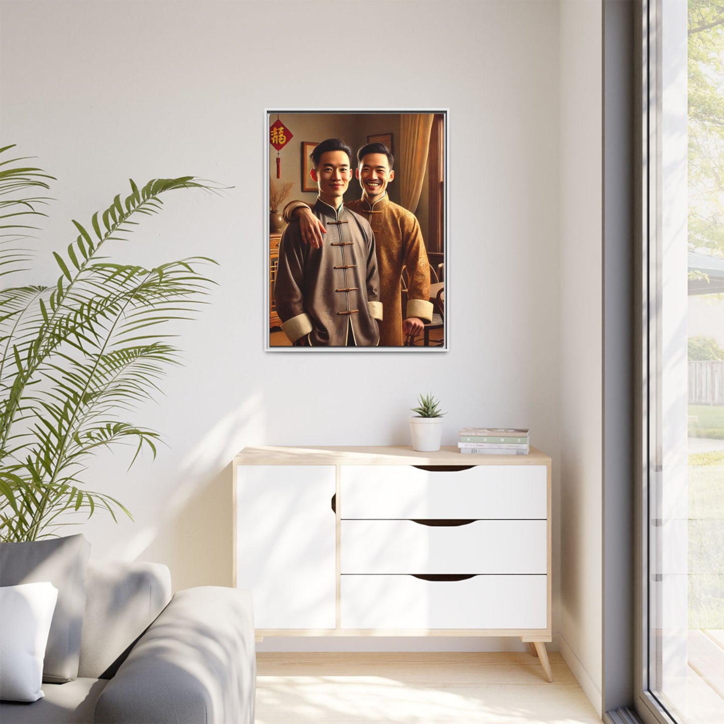 Artwork featuring a joyful portrait of a Chinese queer couple celebrating Chinese New Year in traditional attire. Set in a cozy American home adorned with subtle decorations, this image captures love, cultural pride, and warmth, blending Chinese heritage with a Midwestern setting