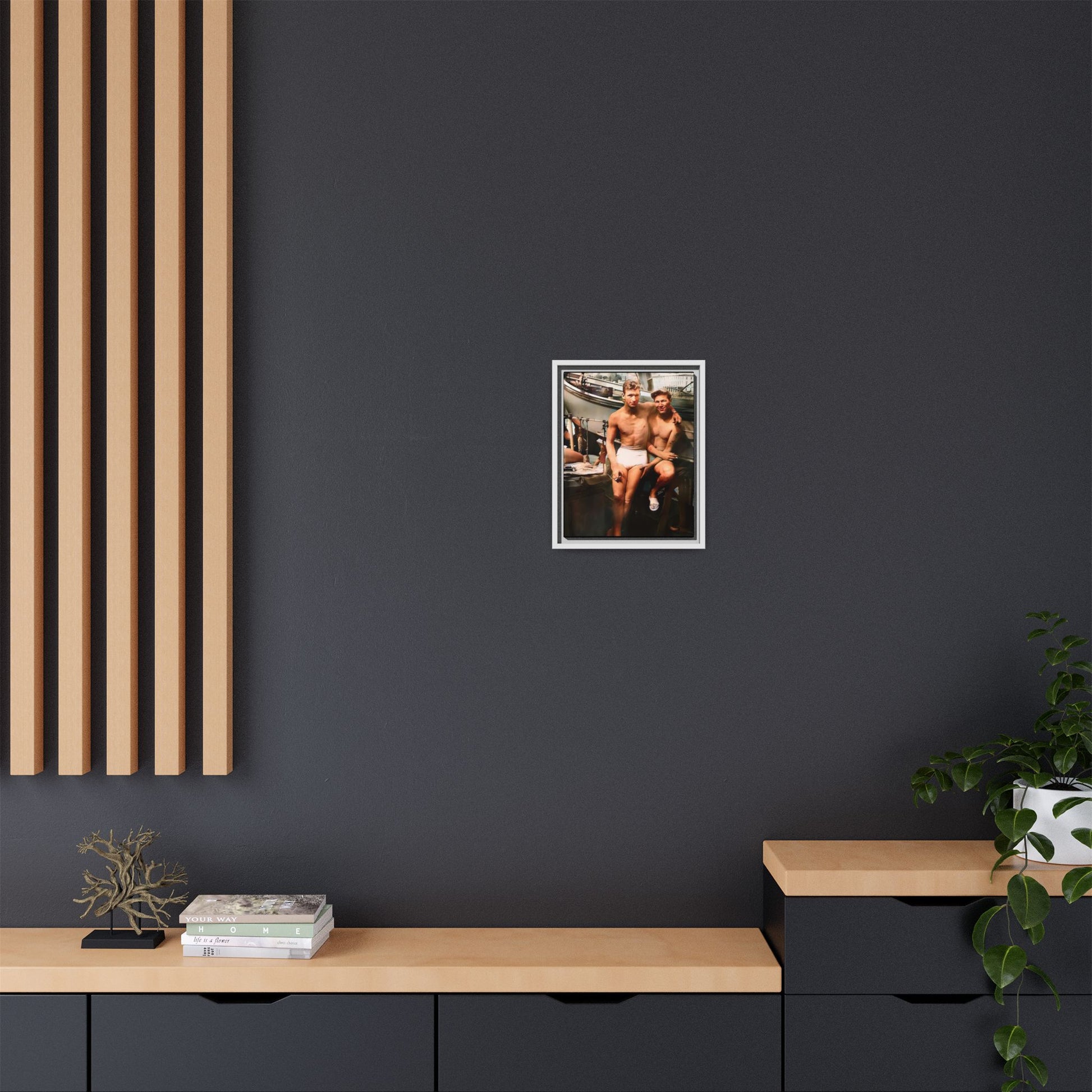 A framed vintage nautical portrait on matte canvas featuring Richard and Joey in Gulf Shores, Alabama, capturing timeless LGBTQ+ connection and coastal charm. Gay Couple