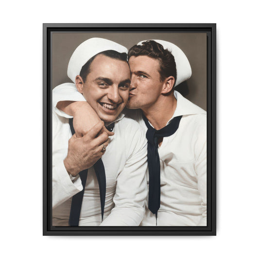 Framed canvas reproduction of vintage sailor cheek-kiss photograph, Walt & Pete® Paire 155