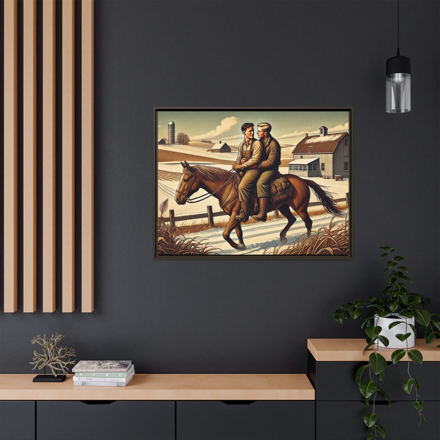 Artwork of a gay couple sharing a tender moment while seated together on a single horse in a snowy, rural Midwestern landscape. Dressed in early 20th-century attire, the men gaze at each other warmly, capturing love, resilience, and companionship in a serene 1930s-inspired American scene