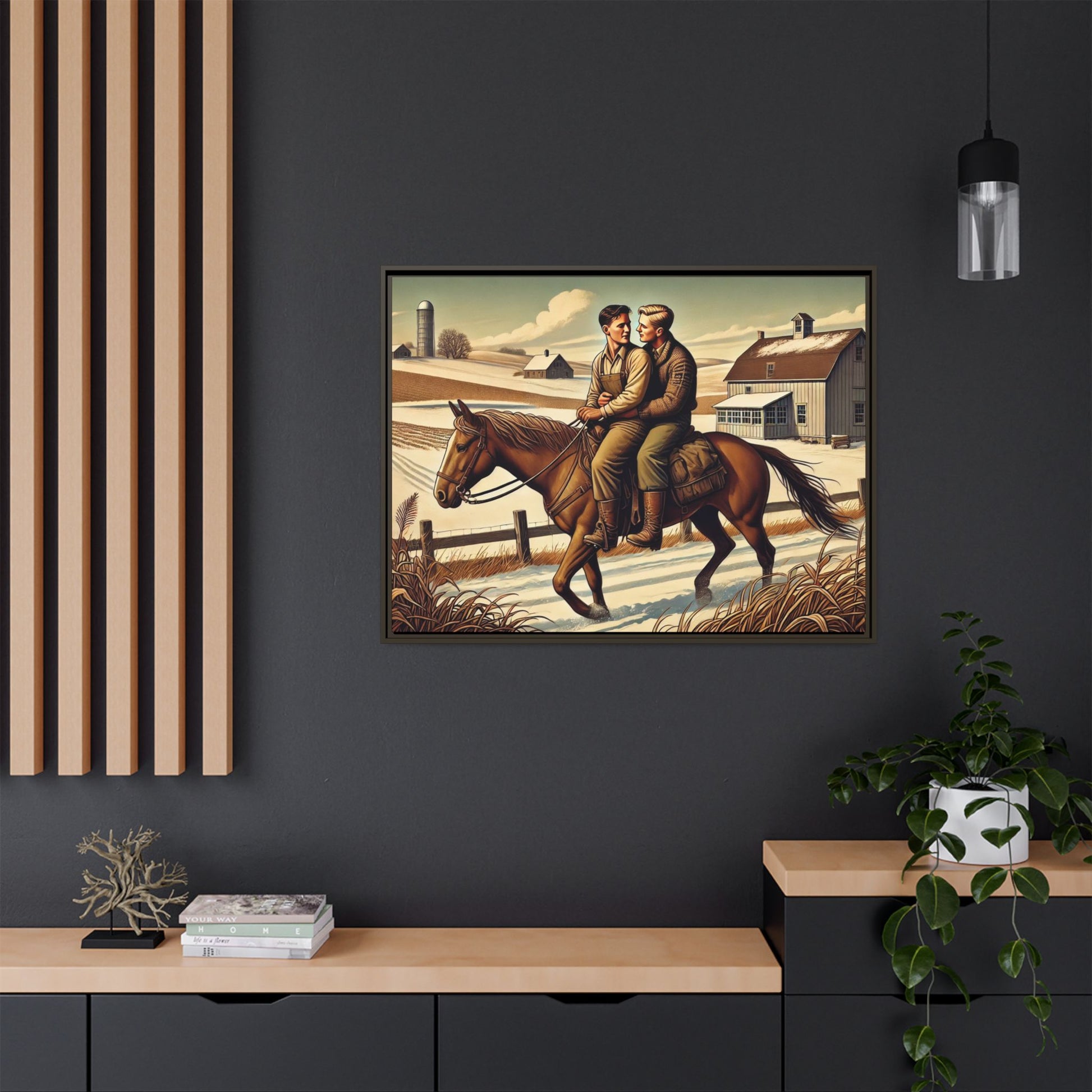 Artwork of a gay couple sharing a tender moment while seated together on a single horse in a snowy, rural Midwestern landscape. Dressed in early 20th-century attire, the men gaze at each other warmly, capturing love, resilience, and companionship in a serene 1930s-inspired American scene