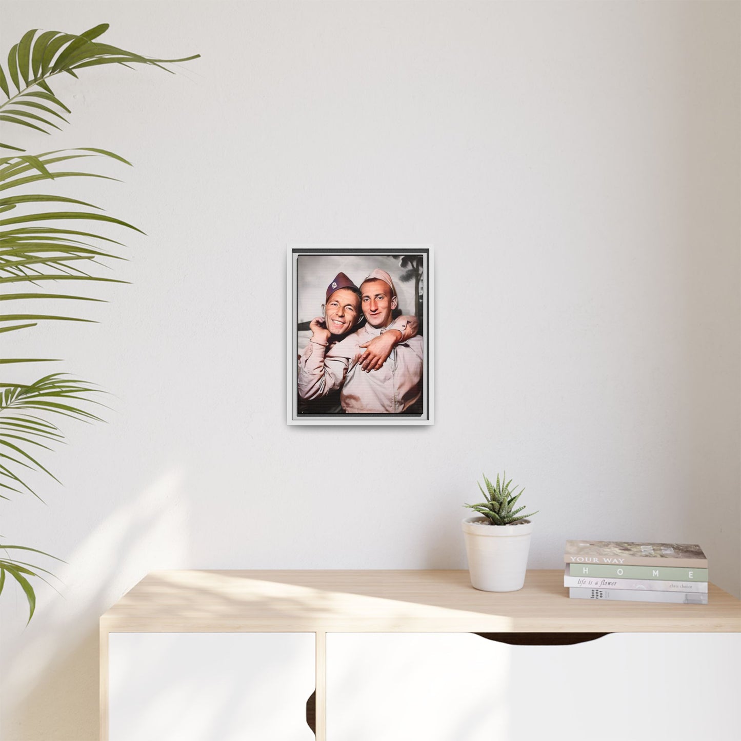 A framed vintage photo on matte canvas featuring a heartfelt portrait of a military couple at Fort Jackson, South Carolina, celebrating love and resilience in history.