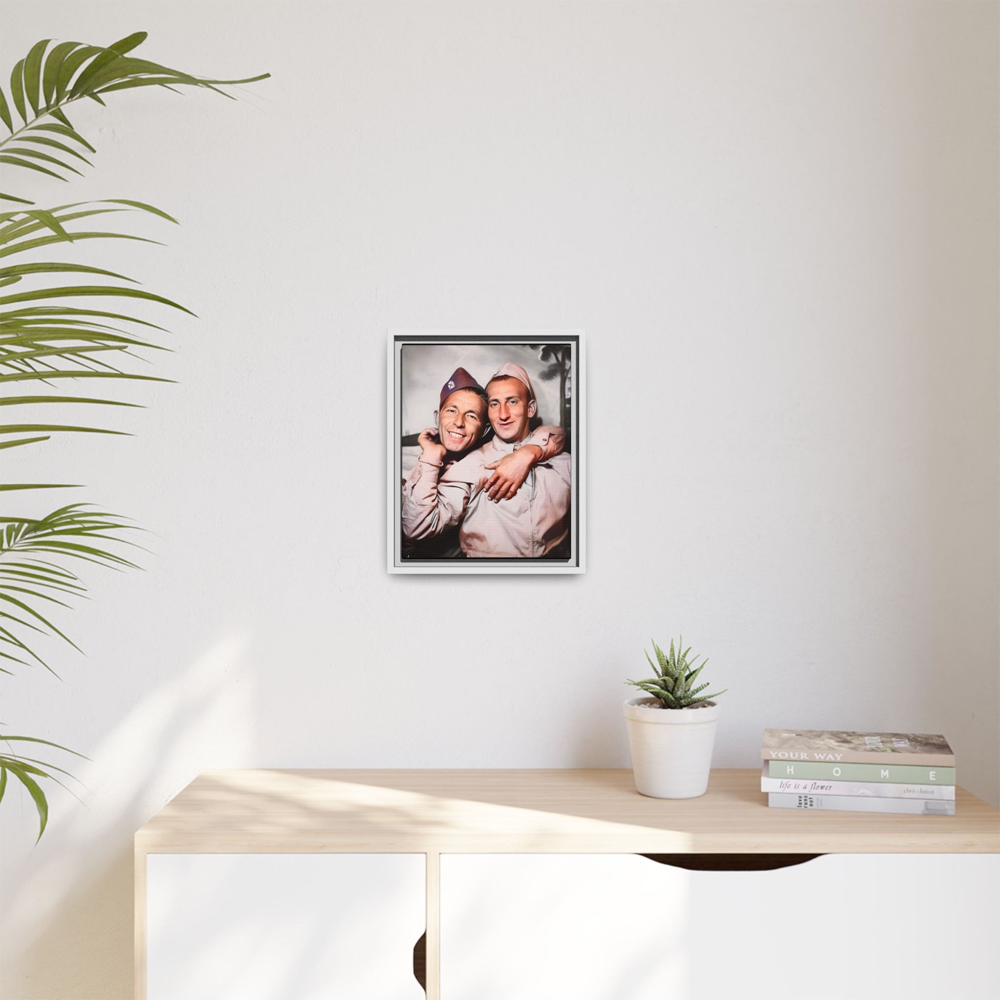 A framed vintage photo on matte canvas featuring a heartfelt portrait of a military couple at Fort Jackson, South Carolina, celebrating love and resilience in history.