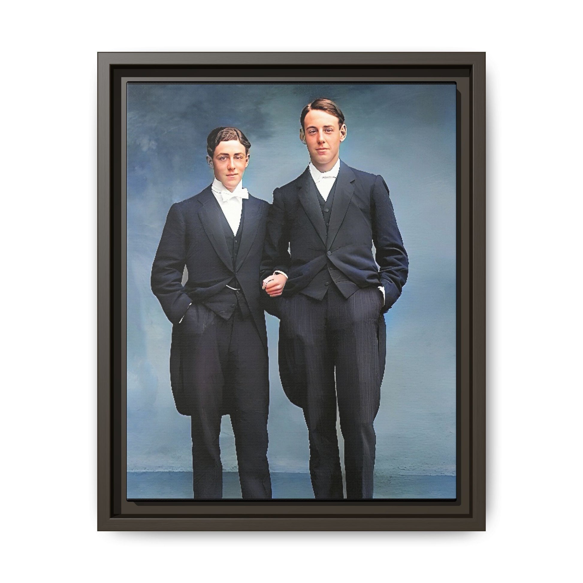A framed vintage photo on matte canvas featuring a sophisticated LGBTQ+ couple in Rumson, NJ, capturing elegance and timeless love. Gay Formal Prom