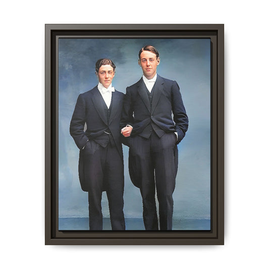 A framed vintage photo on matte canvas featuring a sophisticated LGBTQ+ couple in Rumson, NJ, capturing elegance and timeless love. Gay Formal Prom